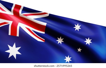 Realistic wavy national flag of Australia isolated on white background. Australian symbol for celebrating patriotic holidays. 3d vector illustration