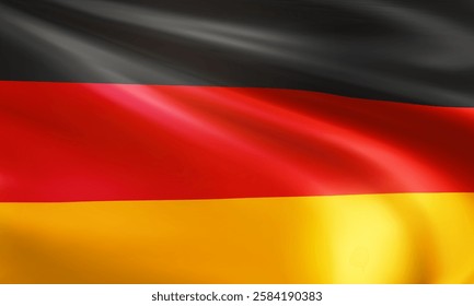 Realistic wavy national flag of the Federal Republic of Germany closeup. German patriotic background for celebrate Unity day. State flag of FRG. 3d vector illustration