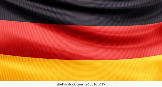 Realistic wavy national flag of the Federal Republic of Germany closeup. German patriotic background for celebrate Unity day. State flag of FRG. 3d vector illustration