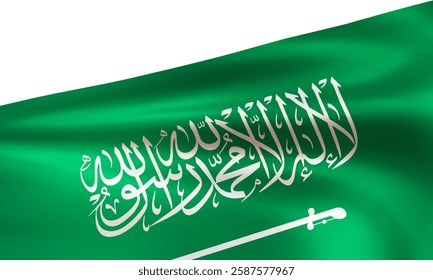 Realistic wavy national flag of the Kingdom of Saudi Arabia isolated on white background. Patriotic symbol country for foundation day, independence day. 3d vector illustration