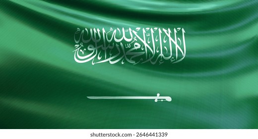 Realistic wavy national flag of the Kingdom of Saudi Arabia closeup. Saudi Arabia patriotic background for celebrate national day. State flag of SA. 3d vector illustration