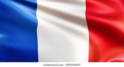 Realistic wavy national flag of the Republic of France closeup. French patriotic background for celebrate National day and Bastille day. 3d vector illustration