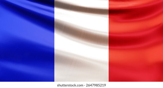 Realistic wavy national flag of the Republic of France closeup. French patriotic background for celebrate National day and Bastille day. 3d vector illustration