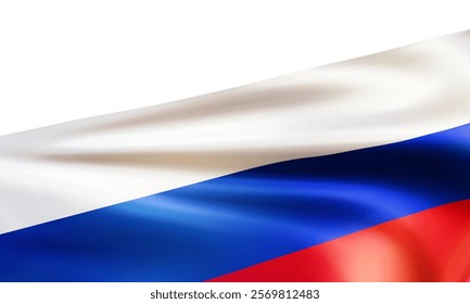 Realistic wavy national flag of the Russian Federation isolated on white background. Patriotic symbol country for Russia day, Unity day, Defender of the Fatherland Day. 3d vector illustration