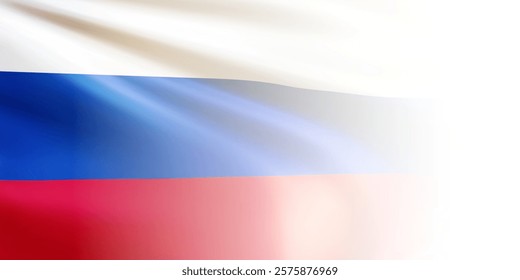 Realistic wavy national flag of the Russian Federation with blurred edge isolated on white background. Russia flag state symbol for celebrating patriotic holidays. 3d vector illustration