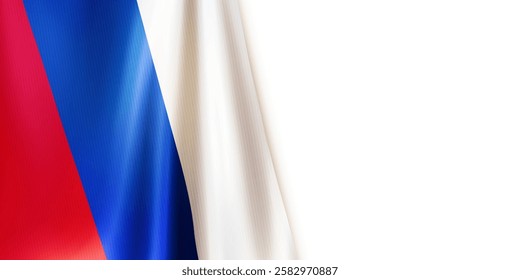 Realistic wavy national flag of the Russian Federation isolated on white background. Patriotic symbol country for Russia day, Unity day, Defender of the Fatherland Day. 3d vector illustration