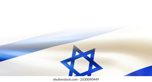 Realistic wavy national flag of the State of Israel with blurred edge isolated on white background. White and blue Israel symbol for celebrating patriotic holidays. 3d vector illustration