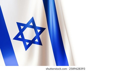 Realistic wavy national flag of the State of Israel isolated on white background. Patriotic symbol country Israel with star of David for Independence day and national holidays. 3d vector illustration