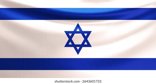 Realistic wavy national flag of the State of Israel. Patriotic symbol country Israel with star of David for Independence day and national holidays. 3d vector illustration
