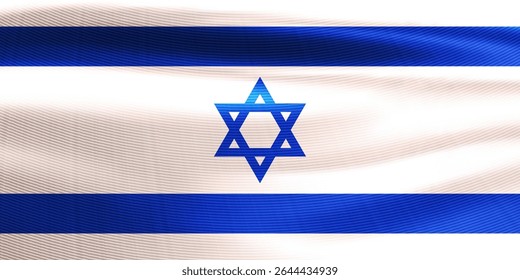 Realistic wavy national flag of the State of Israel. White and blue Israel symbol for celebrating patriotic holidays. 3d vector illustration