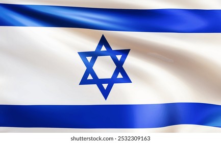 Bandeira nacional israelense ondulada realista com estrela de David closeup. Fundo patriótico branco e azul do Estado de Israel para o dia da Independência e feriados nacionais. ilustração de vetor 3d