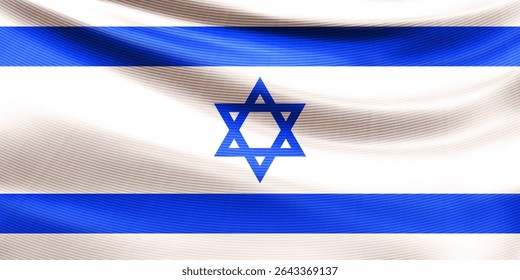 Realistic wavy national Israeli flag with star of David closeup. White and blue patriotic background of the State of Israel for Independence day and national holidays. 3d vector illustration