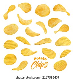 Realistic wavy and ripple isolated flying potato chips. Set of 3d vector crispy crunchy chips snack pieces. Isolated junk food. Delicious fast food crisp meal objects on white