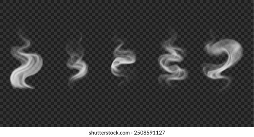 Realistic wavy smoke effect on water, bbq, hot drinks, food. Set of vector swirl fog, vapor isolated on transparent background