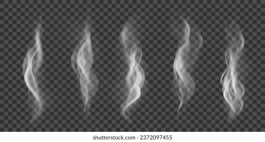 Realistic wavy smoke effect,set. 3D Vector illustration. White cloudy fog, vapor isolated on transparent background