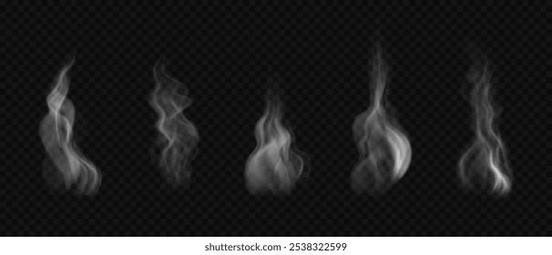 Realistic wavy smoke on water, tea, coffee, food. Set of vector hot steam isolated on transparent backdrop