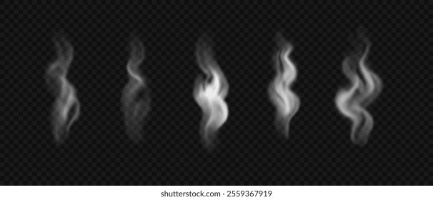 Realistic wavy steam or smoke on hot tea, coffee, food. White vector hookah or cigarette steam, haze isolated on transparent backdrop