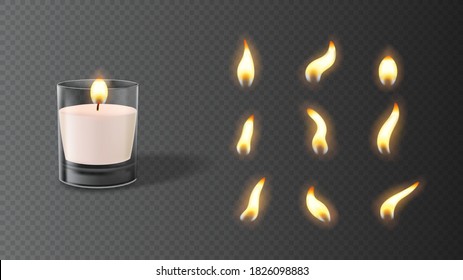 Realistic wax candle in glass with set of flames. Vector illustration with 3d burning white candle isolated on checkered background.