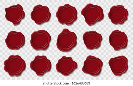Realistic wax stamps. Envelope red wax seal, postmark cachet and retro security postage certificate vector isolated 3d post office icons set