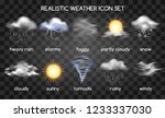 Realistic weather icons set isolated on transparent background. Vector set with type of weather