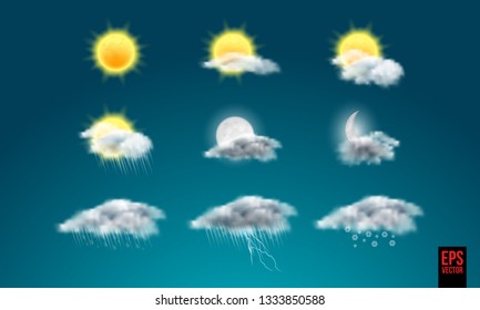 Realistic weather icons set isolated on transparent background vector illustration - Vector