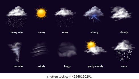 Realistic weather icons set isolated on transparent background.