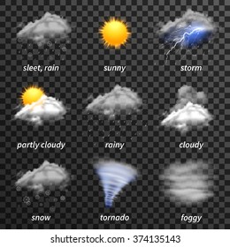 Realistic weather icons set isolated on transparent background vector illustration