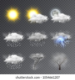 Realistic weather icons set, modern forecast widget. Vector illustration isolated on transparent background.