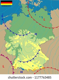 Realistic weather map  of the Germany showing isobars and weather fronts. Meteorological forecast. Vector illustration.