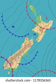 Realistic weather map of the New Zealand showing isobars and weather fronts. Meteorological forecast. Topography map. Vector illustration.