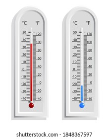 Realistic weather thermometer with high and low temperature. Outdoor temperature measurement. Isolated vector on white background