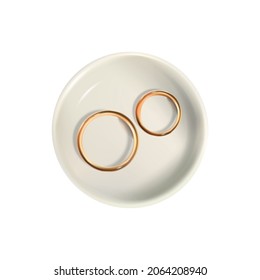 Realistic wedding mockup composition with images of wedding rings on plate vector illustration