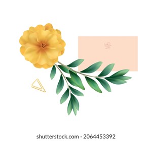 Realistic wedding mockup composition with images of pink letter with flower and leaves vector illustration