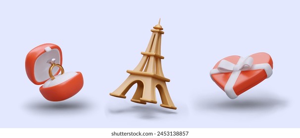 Caja de anillo de boda realista, Torre Eiffel, caja de caramelo en forma de corazón