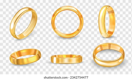 Realistic wedding ring set with six isolated views of shiny luxury golden ring from various angles vector illustration