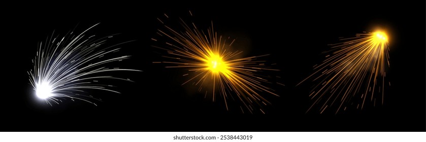 Chispas de soldadura realistas, destellos de metal de la máquina de soldadura, partículas brillantes en movimiento, efecto de fuegos artificiales. Ilustración vectorial.