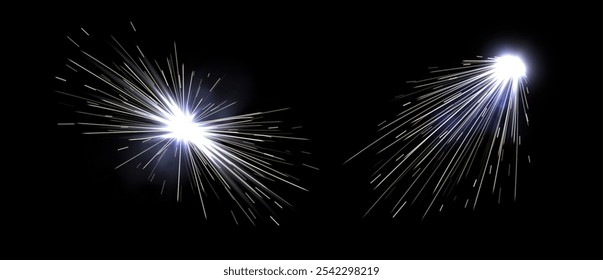 Chispas de soldadura realistas, destellos de metal de la máquina de soldadura, partículas brillantes en movimiento, efecto de fuegos artificiales. Ilustración vectorial.