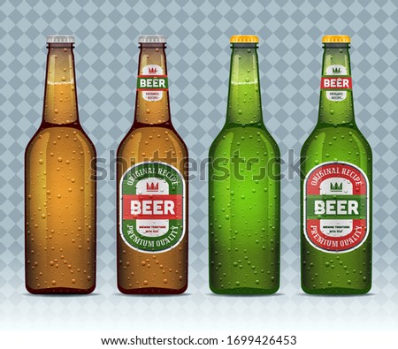 Realistic wet beer bottles with and without labels. Green and brown glass bottles isolated on transparent background. Mock up template. Vector illustration