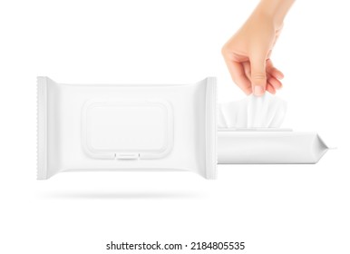 Realistic wet wipes bag mockup with hand. Vector illustration isolated on white background. Great for your product presentation. EPS10.	