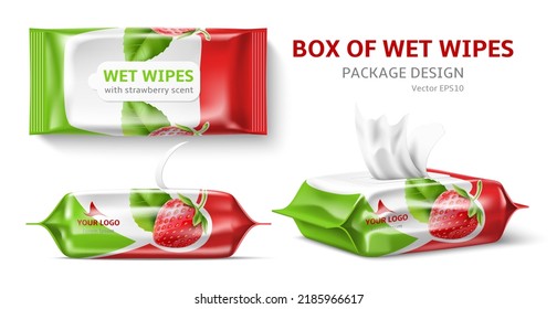 Realistic wet wipes design. Cleansing cosmetic wipes, antibacterial impregnation, family packaging different angles view, strawberry smell, advertising 3d elements, utter vector concept