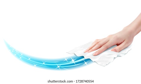 Realistic wet wipes gliding smoothly across the surface with sparkles, effect for hygienic cleaning or disinfecting, 3d illustration - Shutterstock ID 1728740554