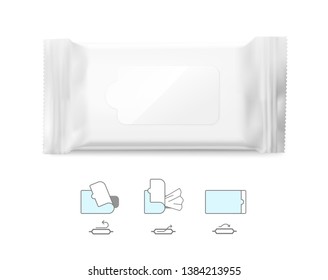 Realistic wet wipes mockup with signs. Vector illustration isolated on white background. Can be use for your design, promo, adv and etc. Possibility for food, pharmaceutical, cosmetic. EPS10.