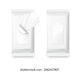 Realistic wet wipes mockups. Vector illustration isolated on white background. Can be use for your design, promo, adv and etc. Possibility for food, pharmaceutical, cosmetic. EPS10.	