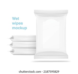 Realistic wet wipes pack mockup with plastic flap. Vector illustration isolated on white background. Can be use for template your design, presentation, promo, ad. EPS10.