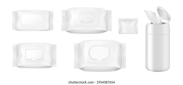 Realistic wet wipes packages set. Template white plastic packaging for cleaning napkins on white background isolated. 3d vector illustration