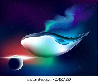 Realistic whale in a bright space vector.