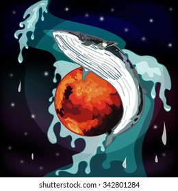 Realistic whale in space with a fountain vector.