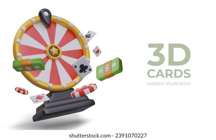 Realistic wheel of fortune, green banknotes, playing cards, chips. Motion effect. Isolated vector composition for online casino. Modern gaming business