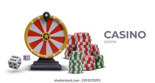 Realistic wheel of fortune, stacks of poker chips, gambling dice. Vector composition on white background. Commercial illustration for online gambling. Modern casino