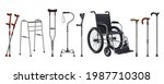 Realistic wheelchairs and canes. 3D medical supplies for musculoskeletal injury patients. Walking sticks set. Rehabilitation staffs and crutches. Vector props for handicapped persons